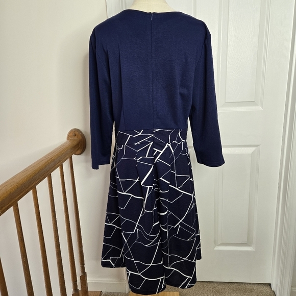 iHot Navy Blue 3/4 Sleeve Midi Pockets Fit and Flare A-Line Swing Dress Sz XL - Picture 3 of 16